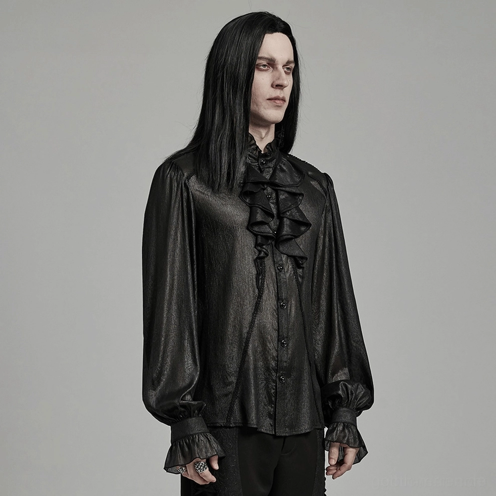 Herren Gothic formales Rüschenhemd Dreiviertelansicht mit integrierter Schleife Knopffront-Besatz und Rüschenmanchetten schwarze Chiffon