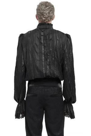 Herren Gothic schwarzes Rüschenhemd Rückseite mit hohem Spitzenkragen und taillierten Details kombiniert mit schwarzer Hose
