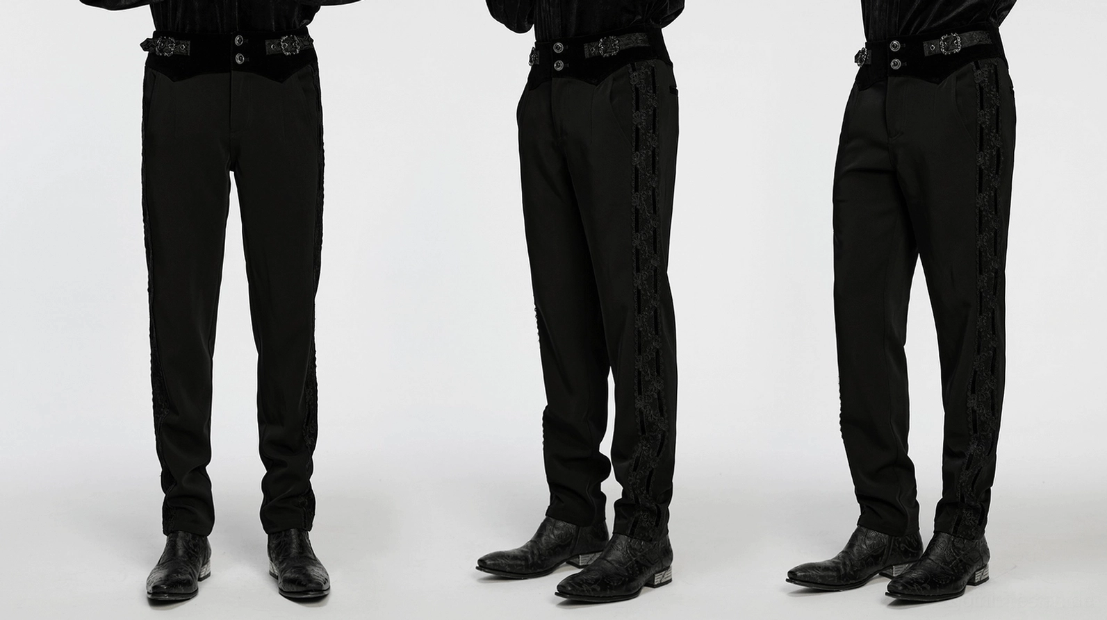 Herren-Gothic-Samt-Röhrenhose mit bestickter Spitzentrimmung - Styling-Detail und eleganter Drape der schlanken tailierte Passform