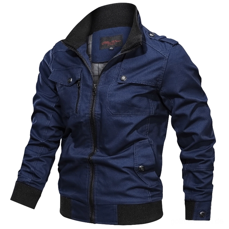 Herren Military-Bomberjacke dunkelblau Vorderseite – alternative Fashion mit gerippten Bündchen und Cargo-Taschen, marineblaue Baumwolle