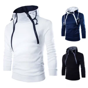 Herren Gothic Hoodie mit weißem Schrägverschluss Vorderansicht Flatlay mit grauem Kontrastkordel-Kapuze schlanke Passform