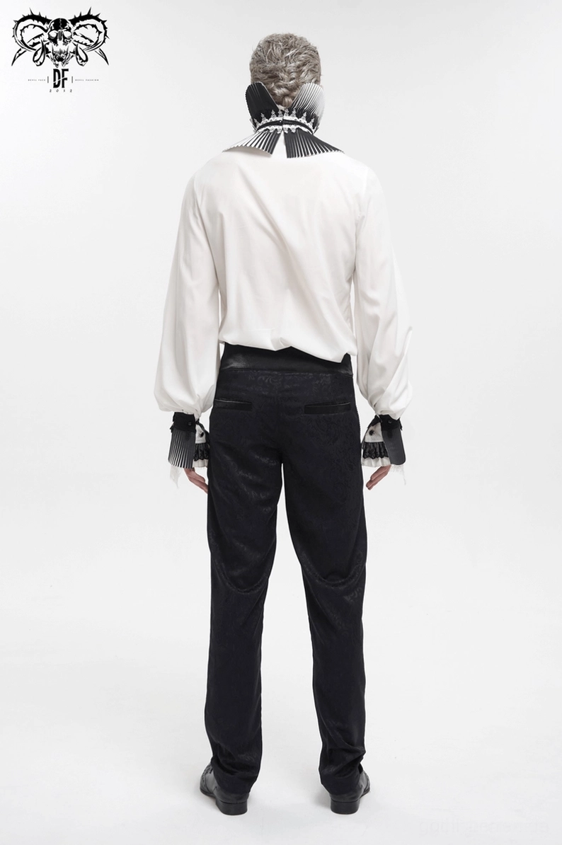 Alternative Herrenhose schwarze High-Waist Jacquard Herrenhose mit hochwertigem Damaskus-Webmuster und Metallknopf-Details