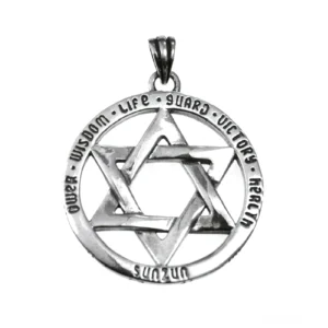 Hexagramm Davidstern Silberanhänger Draufsicht flache Lage mit feinen gravierten Rändern hohlem Sterngravur gotischer Vintage-Stil 925er Sterlingsilber okkulter Schmuck