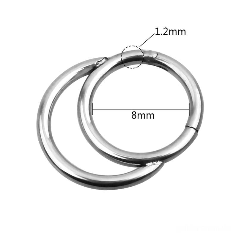 Hinged Segment Clicker Ring technische Spezifikationen zeigend – 8mm Durchmesser und 1,2mm Schenkelstärke Messung annotiert