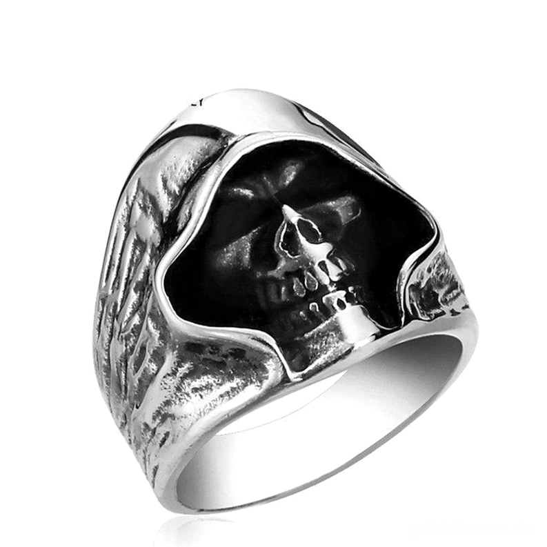 Hooded Grim Reaper Skull Ring Seitenprofil 316L Edelstahl mit detaillierten Flügel-Gravuren und Vintage-Patina Finish Gothic Statement Schmuck Seitenansicht