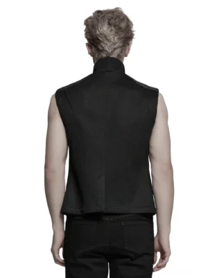Rückansicht der schwarzen Industrial-Gothic Tactical Mesh Weste, ärmellos, glatte atmungsaktive Mesh-Rückenpanele, strukturierte Schulterdetails, Studiofotografie