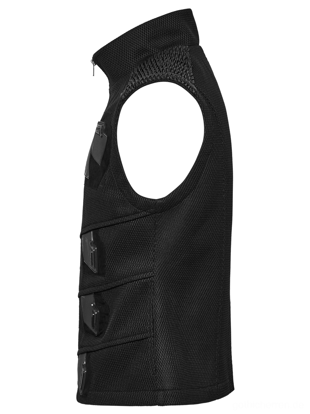 Seiten-Flat-Lay der ärmellosen Industrial-Gothic Tactical Weste, schwarze Farbe, Armloch-Ausschnitt-Design, geschichtete Seiten-Mesh-Paneele, Textilmaterial-Struktur
