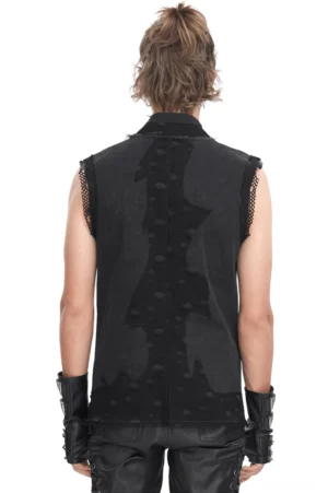 Schwarze Gothic-Kettenweste für Herren ärmellos Rückenansicht mit zerstörtem Mesh-Patch und mehrschichtigen Kettenverzierungen