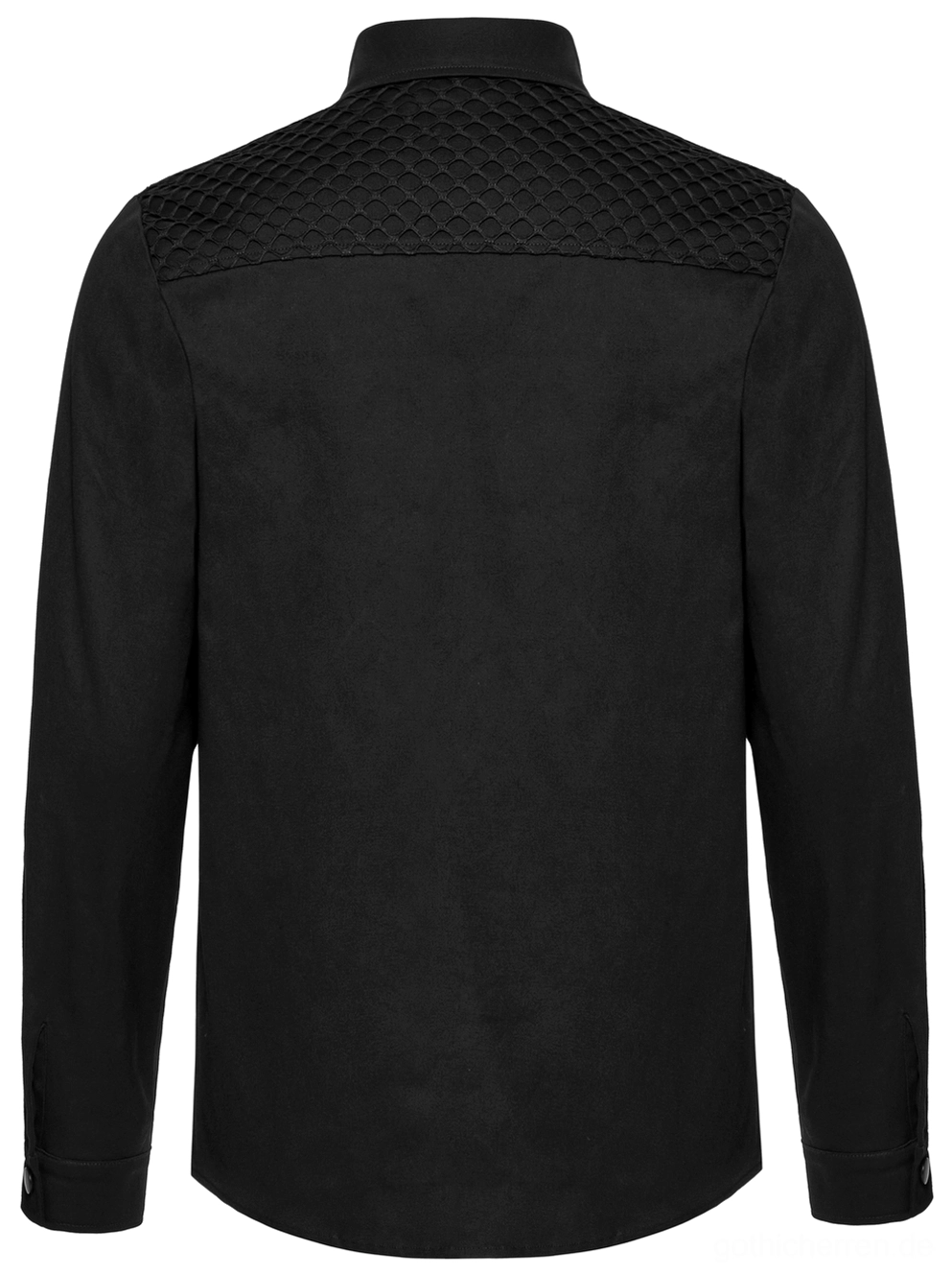 Industrial Mesh gotisches Hemd Rückansicht Flachlage mit prominentem quiltierten Mesh-Panel auf oberem Rücken und solidem gewebtem Körper, Rückseite Details