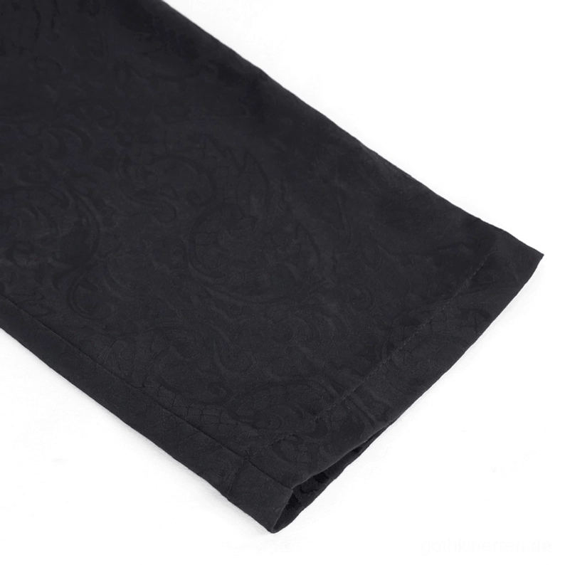 Nahaufnahme schwarzes Jacquard-Damaskus-Webmuster auf Gothic Herrenhose Beinstoff mit feiner dreidimensionaler Webstruktur