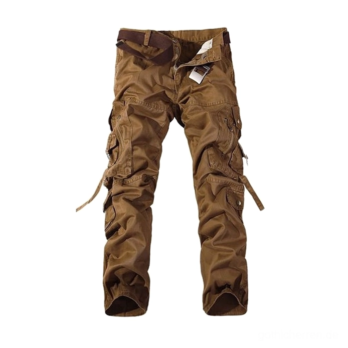 Khaki taktische Cargohose alternative Winkelflachaufnahme hebt verstellbare Cargo-Pocket-Riemen-Konstruktion und robuste Hardware-Details hervor