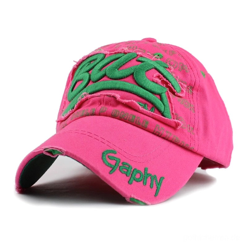 Hot Magenta leuchtende Gothic Snapback Baseball Cap mit smaragdgrüner 3D BUT Stickerei und goth-glam Statement Designelement