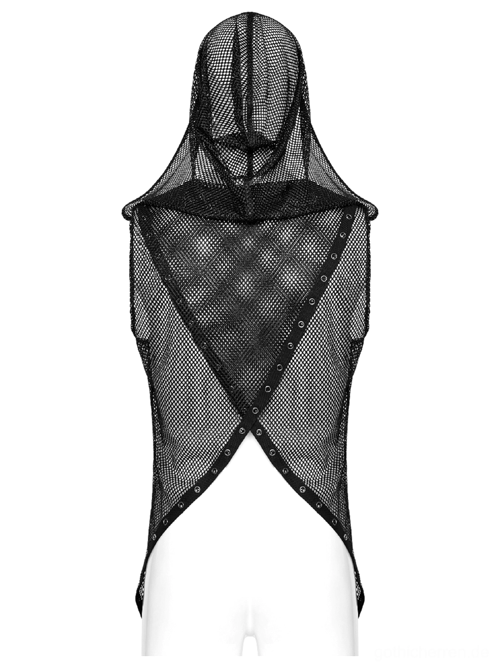 Mesh-Gothic-Kapuzenweste Rückenansicht Schaufensterpuppe mit Cross-Over-Öffnungs-Rückseiten-Fishnet-Design und asymmetrischem Saum