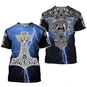 Mjolnir Blitz Gothic T-Shirt Vorderansicht mit Thor's Hammer Nordische Mythologie Blitzmuster Tiefblau Schwarz Odin Symbolik Keltisches Wolfsknoten Design