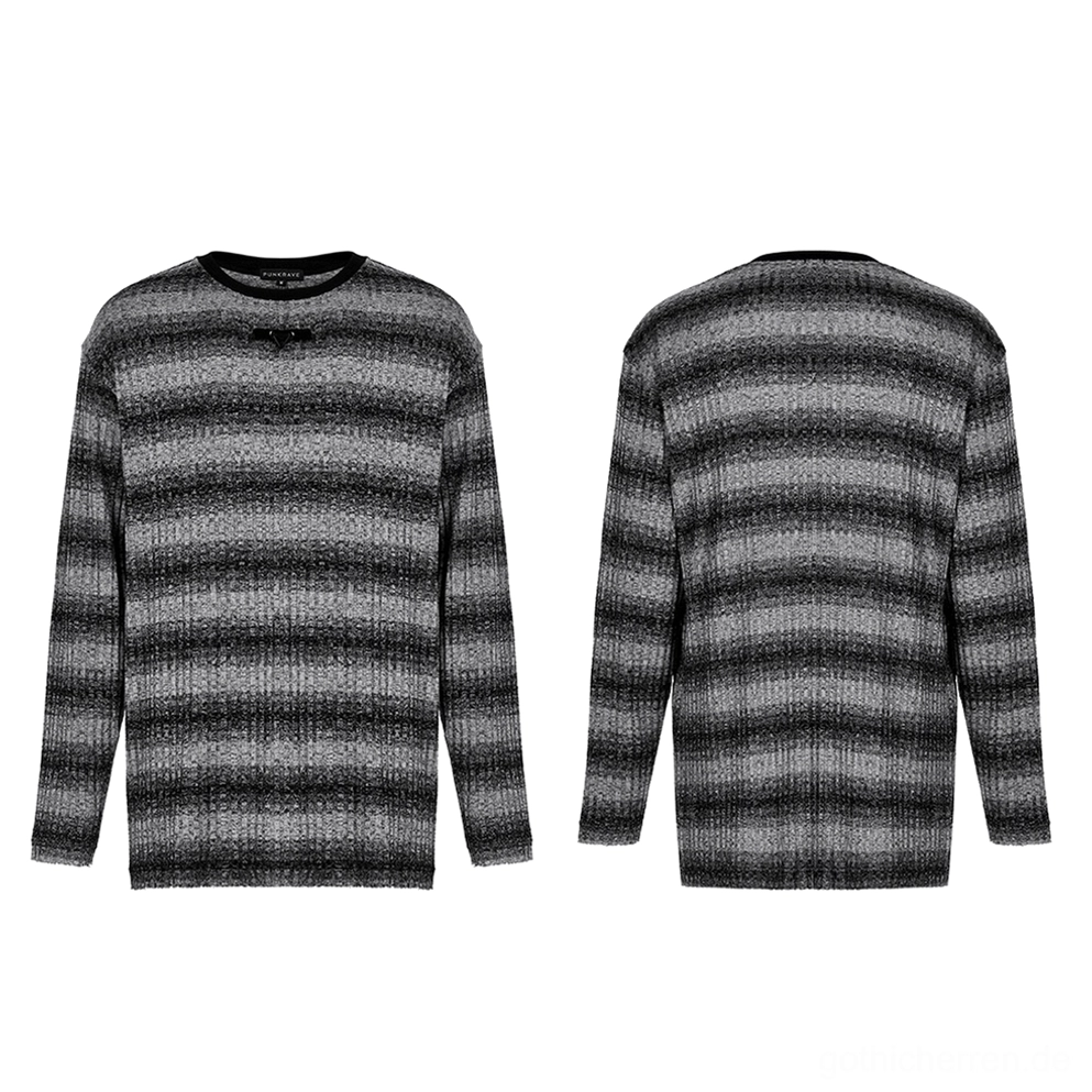 Flachlage Vorder- und Rückansicht des monochromatischen gestreiften Gothic Pullis zeigt übergroßen Langarm-Schnitt und vertikale gerippte Strickstruktur Herren