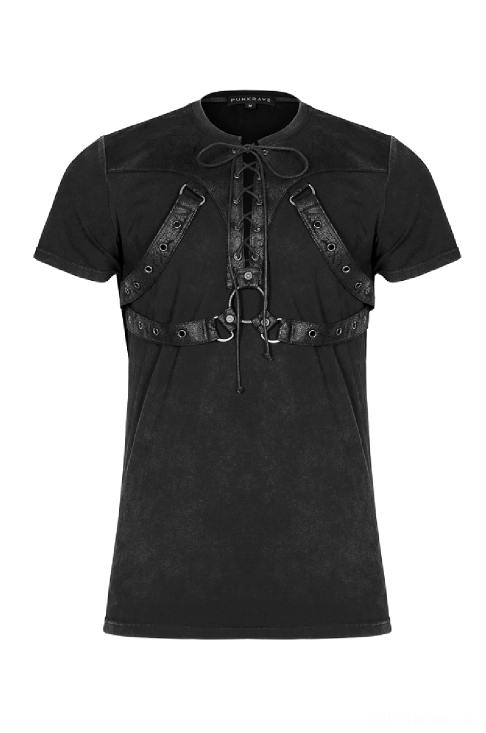 Nahaufnahme Gothic Harness T-Shirt Brustdetail Lederschnürung schwarze gegossene Lederriemen Metall-Ösen O-Ringe D-Ring Hardware genietete Nieten