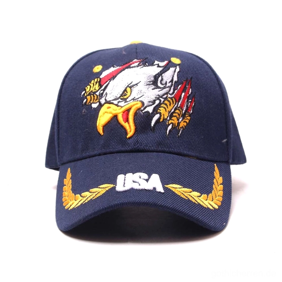 Navy blaue Gothic Cap mit USA und goldfarbener Weizenranken-Stickerei, direkter Frontblick auf gestickte Adler-Designs und Embleimplatzierung