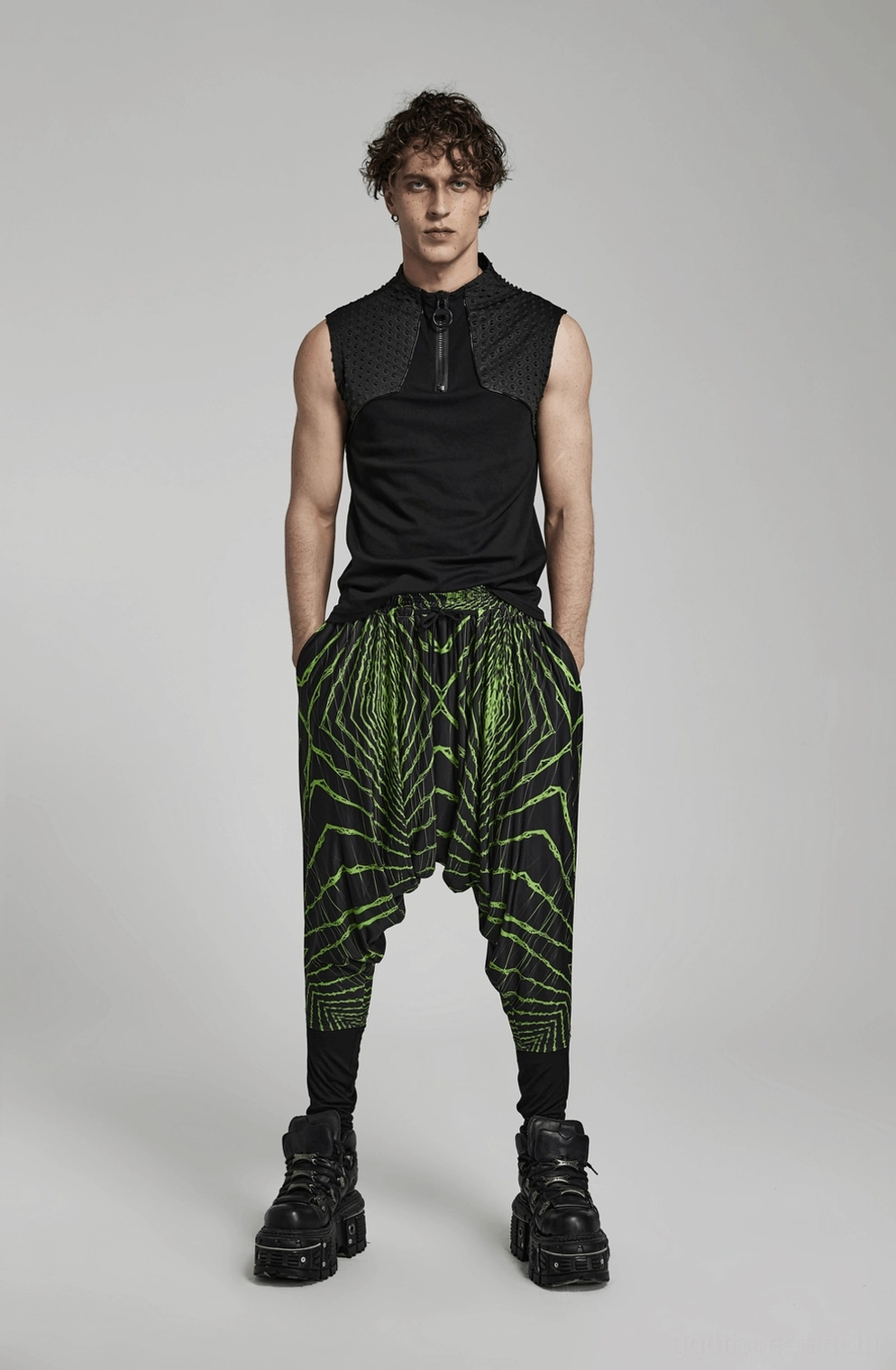 Neon Geometric Gothic Haremshose Styling-Inspirationen für alternative Fashion und Cyberpunk-Ästhetik Ensembles, Gothic Pluderhose Outfit-Ideen