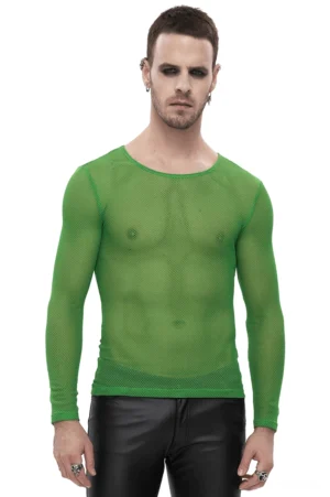 Neon-grünes transparentes gothic mesh-langarmshirt vorne am model mit schwarzer lederhose alternative fashion herrenmode