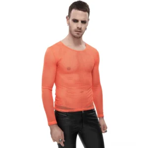 Neon Orange Mesh Langarmshirt Gothic für Herren, Frontansicht auf männlichem Model, Crewneck tailierter Sitz mit durchsichtiger Netzstruktur, Cybergoth Statement-Piece