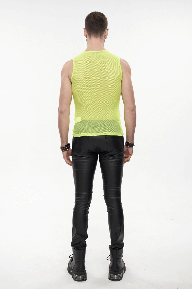Neongelbes ärmelloses Mesh-Muskelshirt in Rückansicht mit schwarzem Lederstyling, zeigt die komplette Rückenseite der transparenten Mesh-Struktur und die enge Passfom
