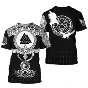 Nordisches Raben-Valknut Gothic T-Shirt Frontansicht mit Wikinger-Runen und Adler-Print auf schwarzer Baumwolle – gotische Okkulte Grafik Tee Vorderseite