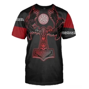 Schwarzes Norse Raven Gothic T-Shirt mit Odin 3D-Druck, Raben und Keltischem Knotenmuster Frontansicht - Vorderseite schwarzes Shirt mit roten und weißen Graphic Prints