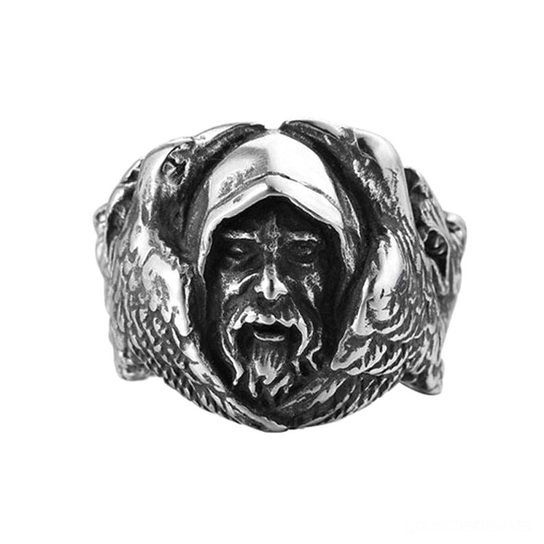 Odin Wolf gotischer Ring aus Edelstahl mit polierter Silberfinish und detailliertem nordischem Mythologie-Reliefdesign Frontansicht Nahaufnahme