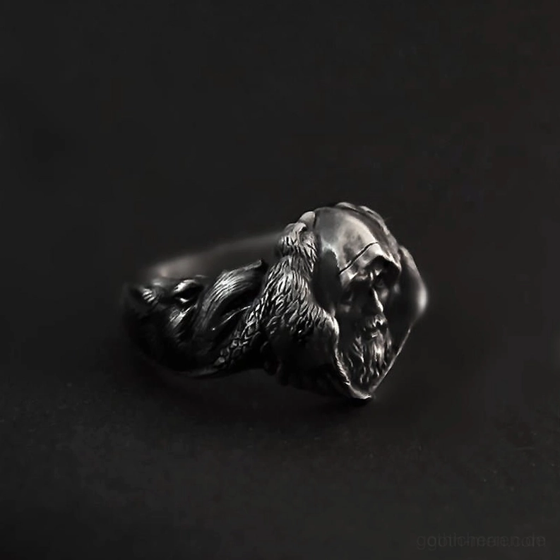 Edelstahl gotischer Wolf Ring mit dunkler Finishe Seitenperspektive Tiefenwirkelperspektive zeigt Bandbreite und nordisches Design Element