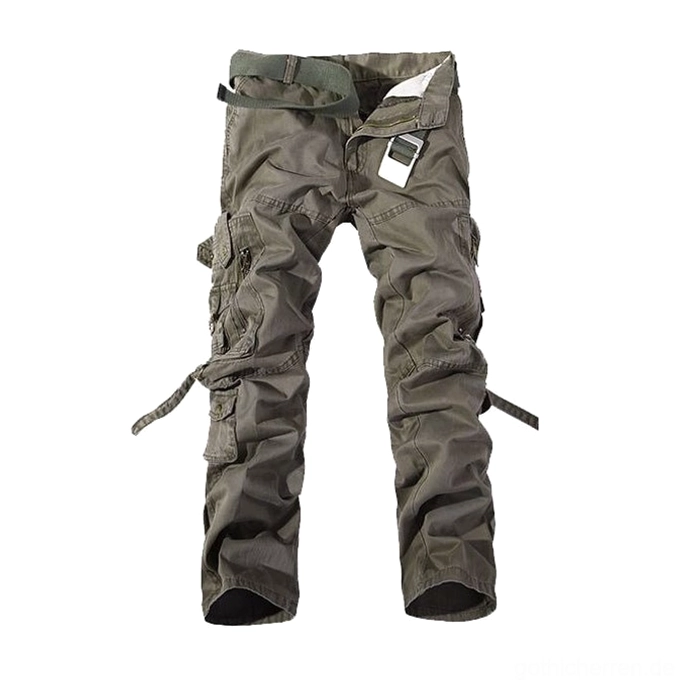 Dunkeloliv grüne Cargohose Frontflachaufnahme mit beiliegendem Gürtel zeigt Cargotaschen-Details strukturiertes Breitgewebe für Industrial-Gothic-Ästhetik