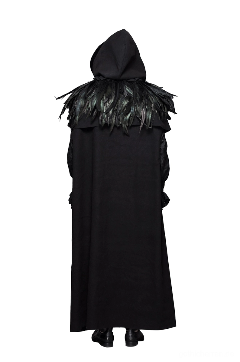 Premium Gothic-Raben-Federn-Schulterumhang komplette Ansicht alternative Mode Steampunk Stil schwarze irisierend Qualität
