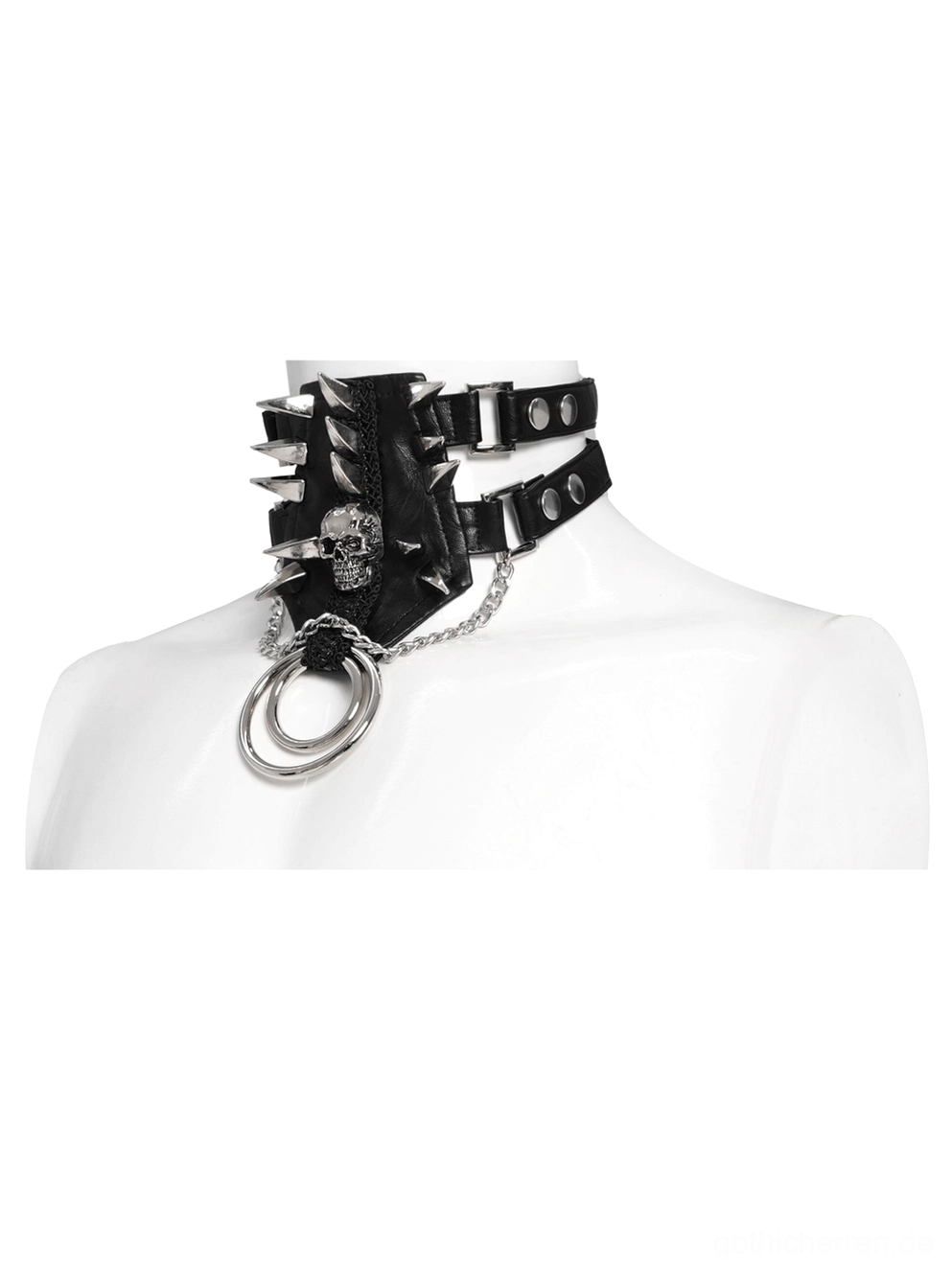 Punk-Leder-Choker mit Multi-Strap-Design, Metallspitzen und Totenkopf-Verzierung, Mannequin-Seitenansicht Gothic-Stil