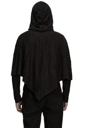 Punk-inspiriertes zerrissenes Poncho-Hoodie Rückenansicht in Vollständiger Länge, zeigt lockere Poncho-Auflage, Distressing-Textur und angehängten Hood