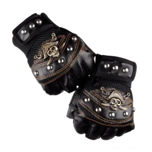 Skull Rivet Fingerlose Punk Handschuhe mit antiker Bronze-Schädel-Emblem und präzisen Metallnieten-Details auf weißem Studiohintergrund, Nahaufnahme der Verarbeitung