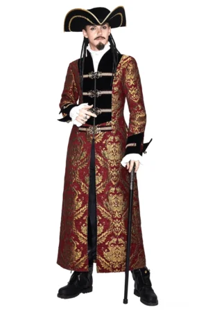 Roter und goldener damast-gestickter gothischer Steampunk-Herrenmantel vorne vollständige Körperansicht mit Modell, Tricorn-Hut und Gehstock