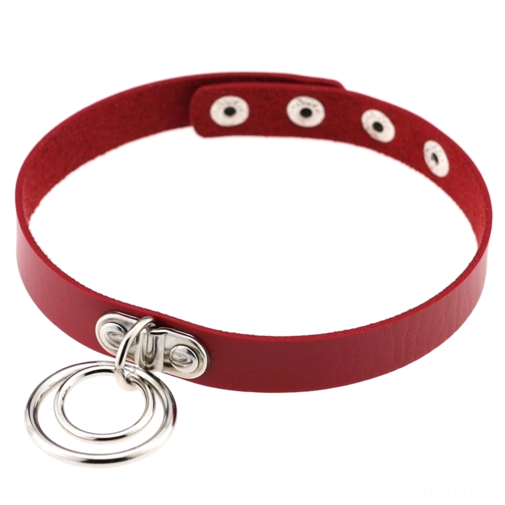 Rot Gothic Choker mit doppeltem Metallring-Dekoration, authentische PU-Leder Konstruktion Statement Halskette