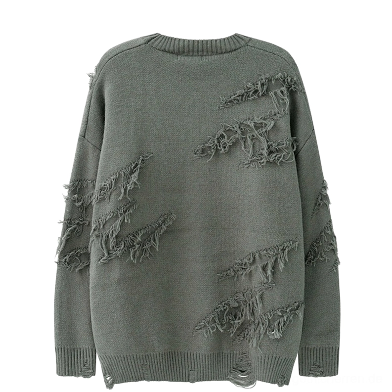 Salbeigrün zerrissener Gothic Strickpullover Rückenansicht flach ausgelegt ausgefranste Schlitzverzierungen Rücken Ärmel distressed Saumdetail