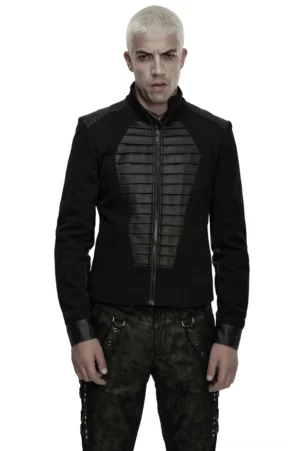 Schwarze Sargdeckel Military Denim Jacke mit Kunstleder-Akzenten Frontansicht auf Model – Gothic Punk Alternative Fashion Styling