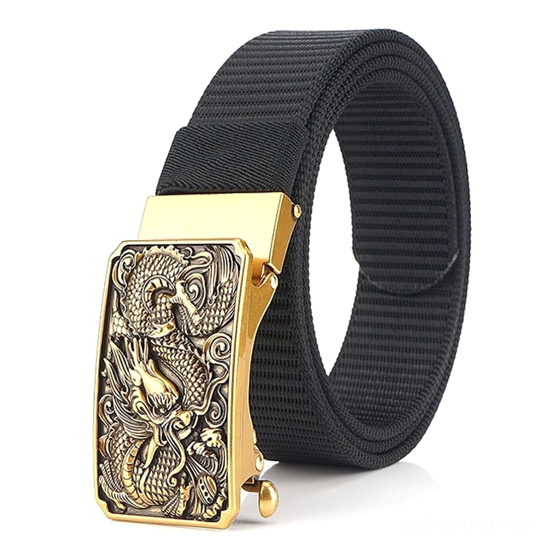 Schwarzer Taktik-Nylon-Drachengürtel Gold-Tone Embossed Dragon Buckle Seitenansicht Woven Nylon Construction Military