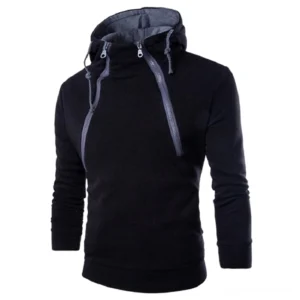 Schwarzer Gothic Kapuzenpullover mit asymmetrischem Reißverschluss grauer Innenfutter alternative Streetwear Herrenfashion