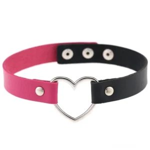 Schwarzes und rosenrotes zweiteiliges Leder Herz-Choker mit silberner Herz-Charm und Druckknopf-Verstellung, gotische Alternative Mode