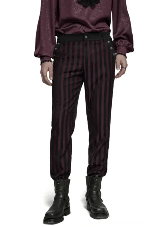 Schwarze Burgundy vertikalgestreifte Slim-Fit-Gothic-Röhrenhose Vorderansicht vollständige Körperlänge männliches Model Styling