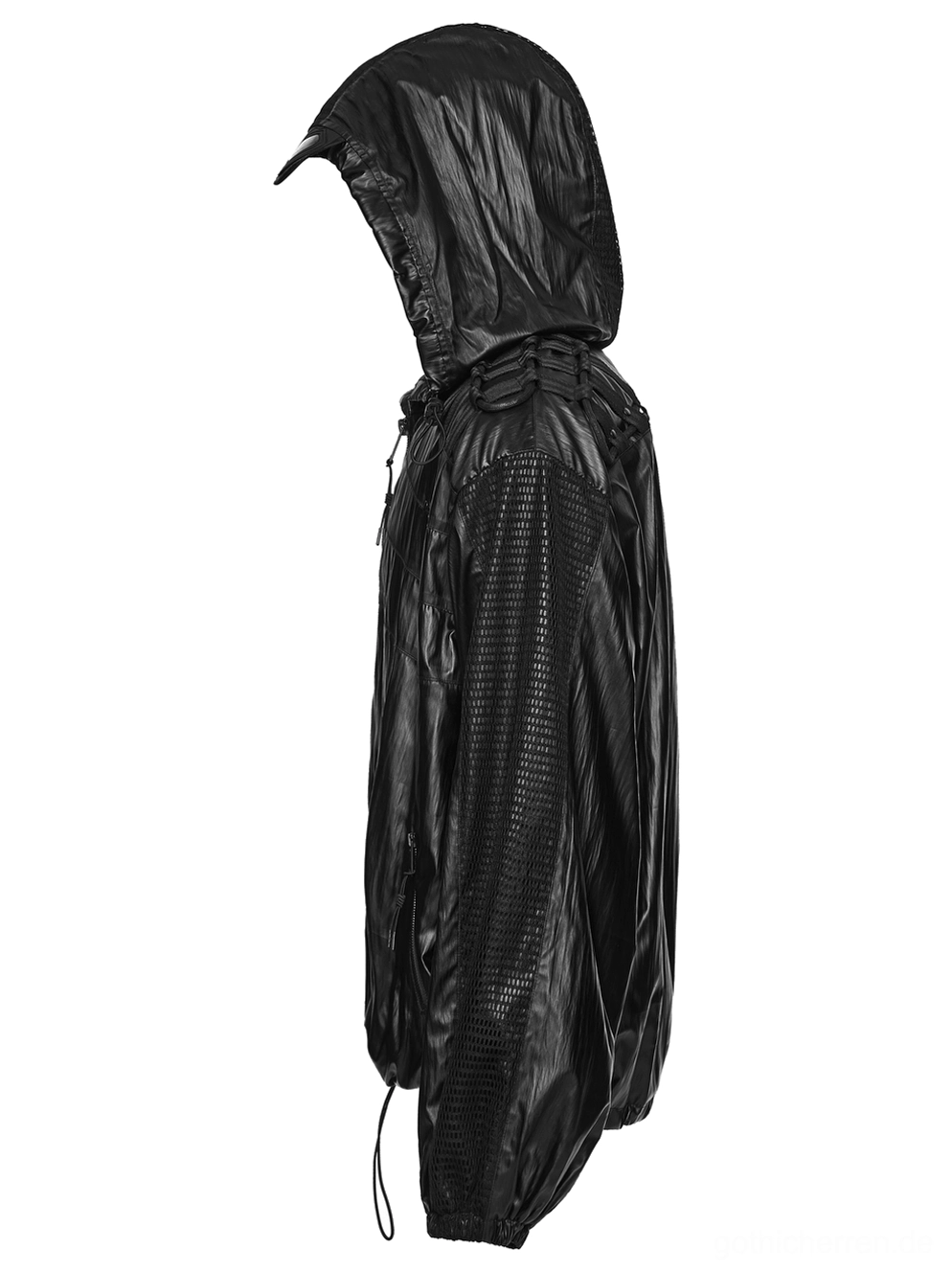 Seitenprofilansicht schwarze Cyberpunk-Tactical-Jacke mit Mesh-Ärmelakzenten, Webstraps und wasserdichtem glänzenden Außenmaterial