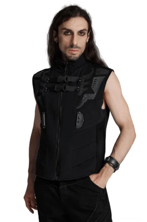 Schwarze elastische Tactical-Weste mit 3D-Gummirüstung und Gitterriegel Vorderansicht auf Model - cyberpunk gothic menswear