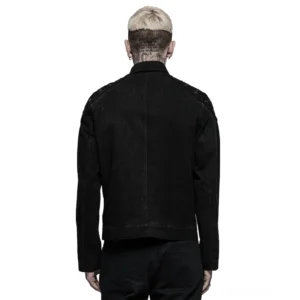 Schwarze Gothic-Denim-Jacke Rückansicht mit sauberer Panelkonstruktion und tailliertem Schnitt auf Modell