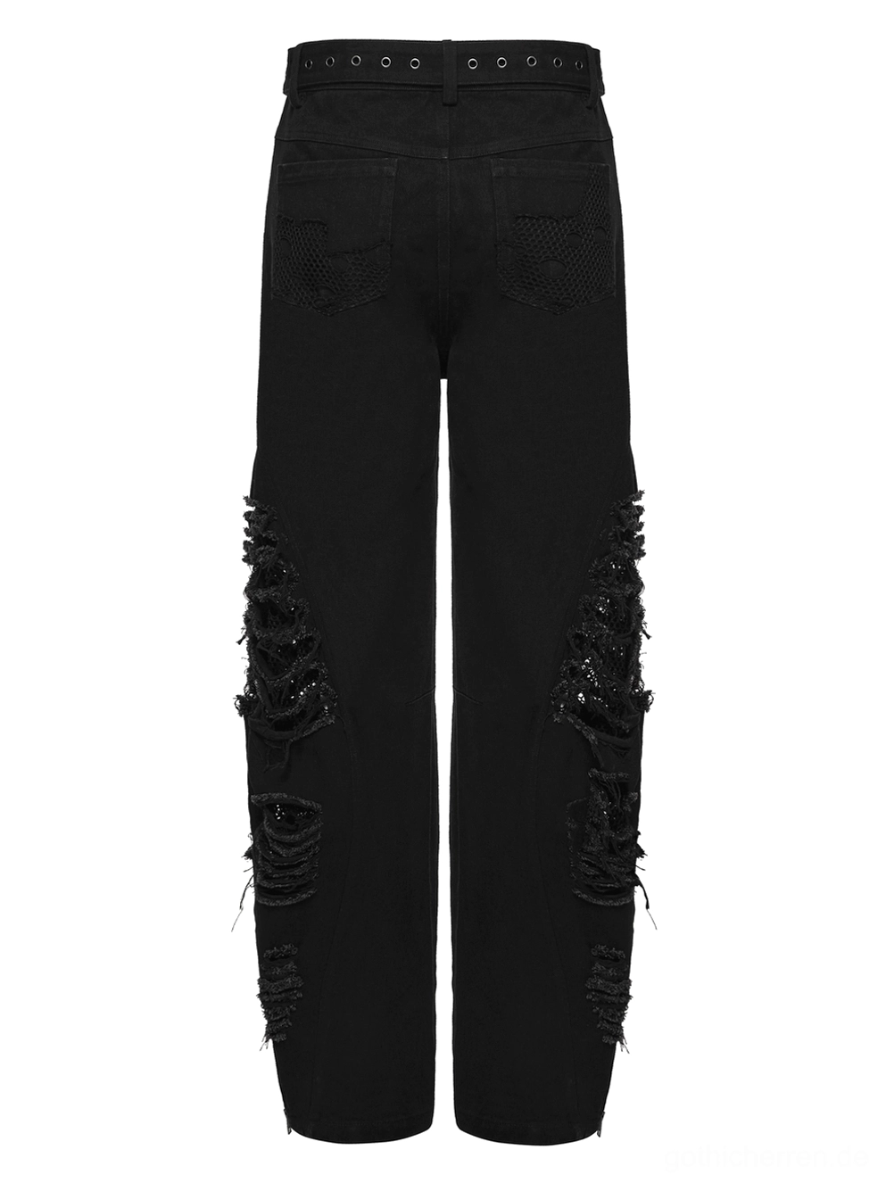 Schwarze Distressed Denim Jeans Rückansicht Flat-Lay Gesäßtaschen Ösen-Gürtelschlaufen Metall-Hardware