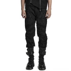 Schwarze Distressed Gothichose mit Rissen Herren Frontansicht auf männlichem Model im Studiofoto – Loose Fit Darkwear mit zerfaserten Strickpanels