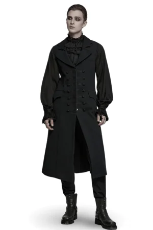 Schwarze Fledermaus-Kragen Gothic Anzugweste für Herren, Frontansicht auf Model – doppelreihige Zierknöpfe und strukturierte Silhouette, Vampire Gentleman Look