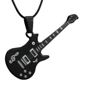 Schwarze chirurgische Edelstahl-Gitarren-Anhänger-Halskette Flachlage mit eingraviertem Notenschlüssel und Griffbrett-Details