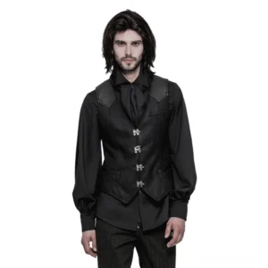 Schwarze Victorian Gothic Anzugweste mit antiken silbernen Krallenverschlüssen, Vorderansicht an Modell, tailierter Schnitt mit Kunstleder-Schulterstücken
